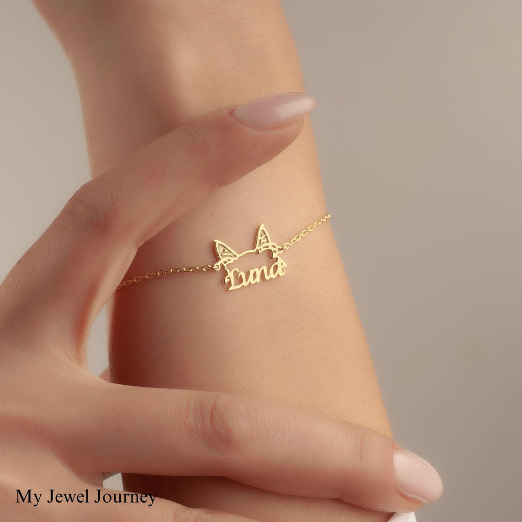 Custom 14K Gold Cat Ear Name Bracelet, Cat Ear Pendant, Cat Lover Necklace, Pet Jewelry, Personalized Pet Memorial Jewelry, Gift For Mom