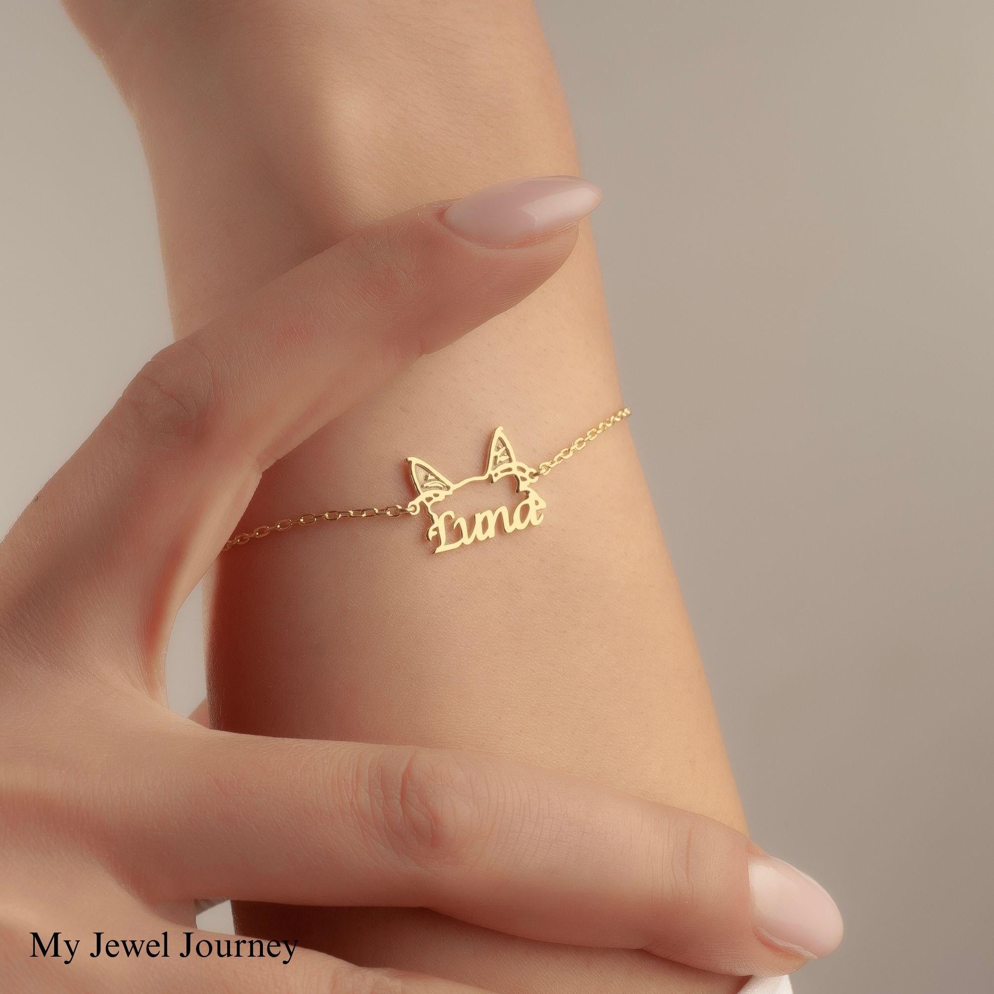 Custom 14K Gold Cat Ear Name Bracelet, Cat Ear Pendant, Cat Lover Necklace, Pet Jewelry, Personalized Pet Memorial Jewelry, Gift For Mom