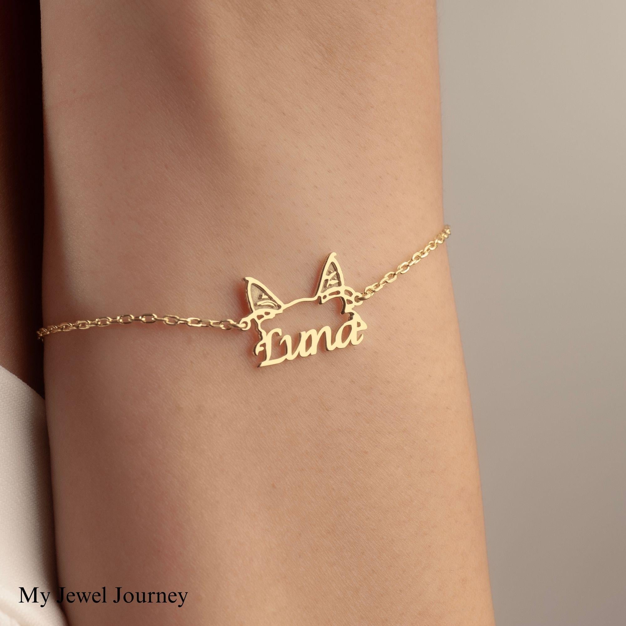 Custom 14K Gold Cat Ear Name Bracelet, Cat Ear Pendant, Cat Lover Necklace, Pet Jewelry, Personalized Pet Memorial Jewelry, Gift For Mom