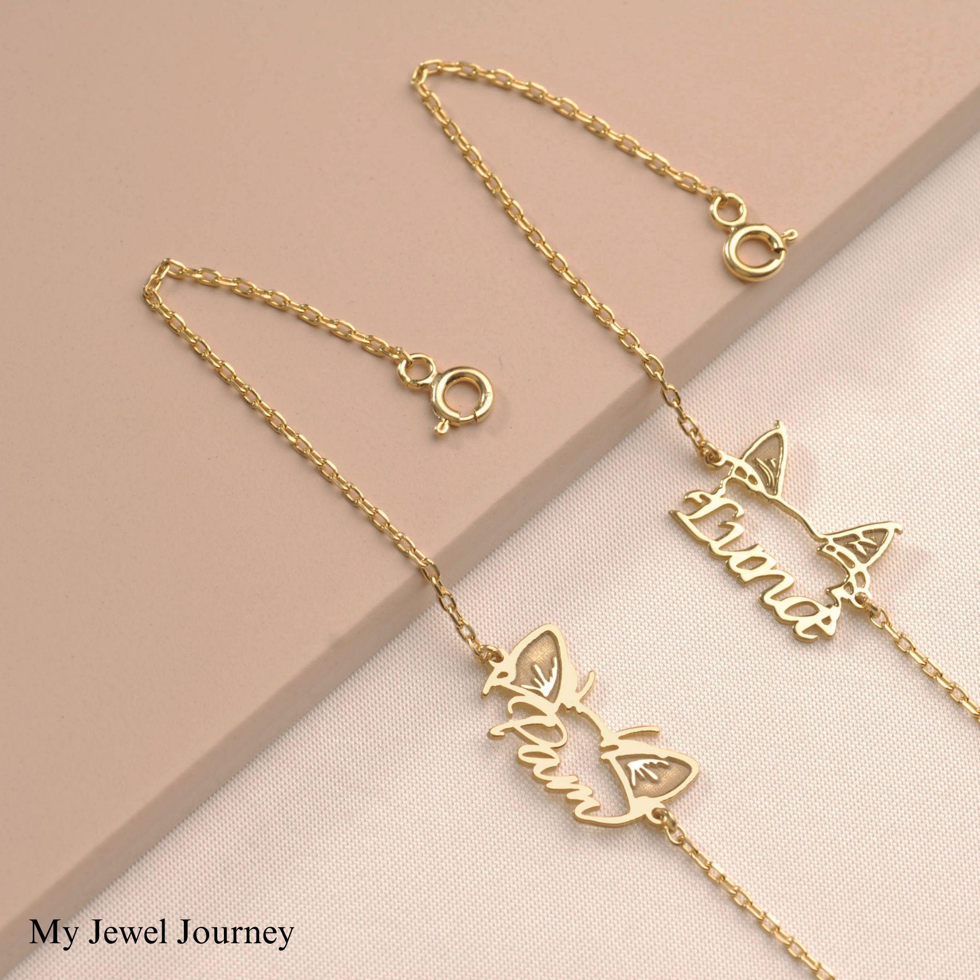 Custom 14K Gold Cat Ear Name Bracelet, Cat Ear Pendant, Cat Lover Necklace, Pet Jewelry, Personalized Pet Memorial Jewelry, Gift For Mom