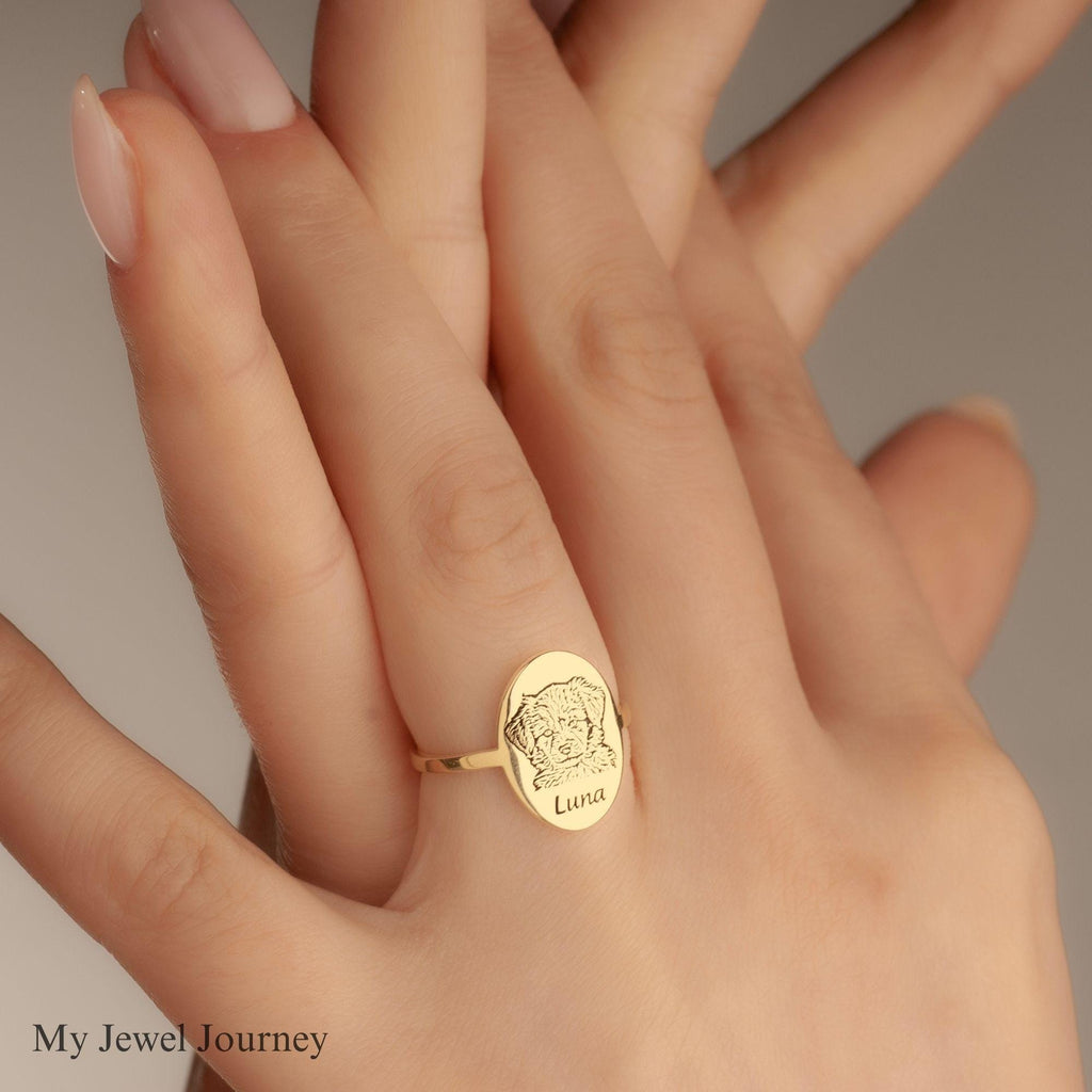 Custom 14K Gold Pet Portrait Ring, Dog Photo Ring, Cat Engraved Ring, Pet Photo Jewelry, Dog Memorial Jewelry, Gift For Dog Mom