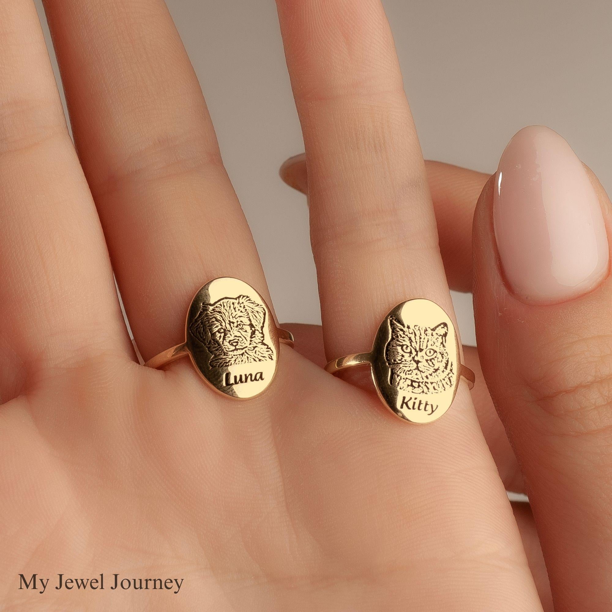 Custom 14K Gold Pet Portrait Ring, Dog Photo Ring, Cat Engraved Ring, Pet Photo Jewelry, Dog Memorial Jewelry, Gift For Dog Mom