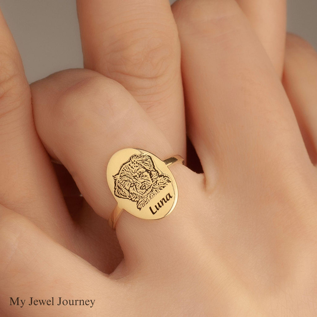 Custom 14K Gold Pet Portrait Ring, Dog Photo Ring, Cat Engraved Ring, Pet Photo Jewelry, Dog Memorial Jewelry, Gift For Dog Mom