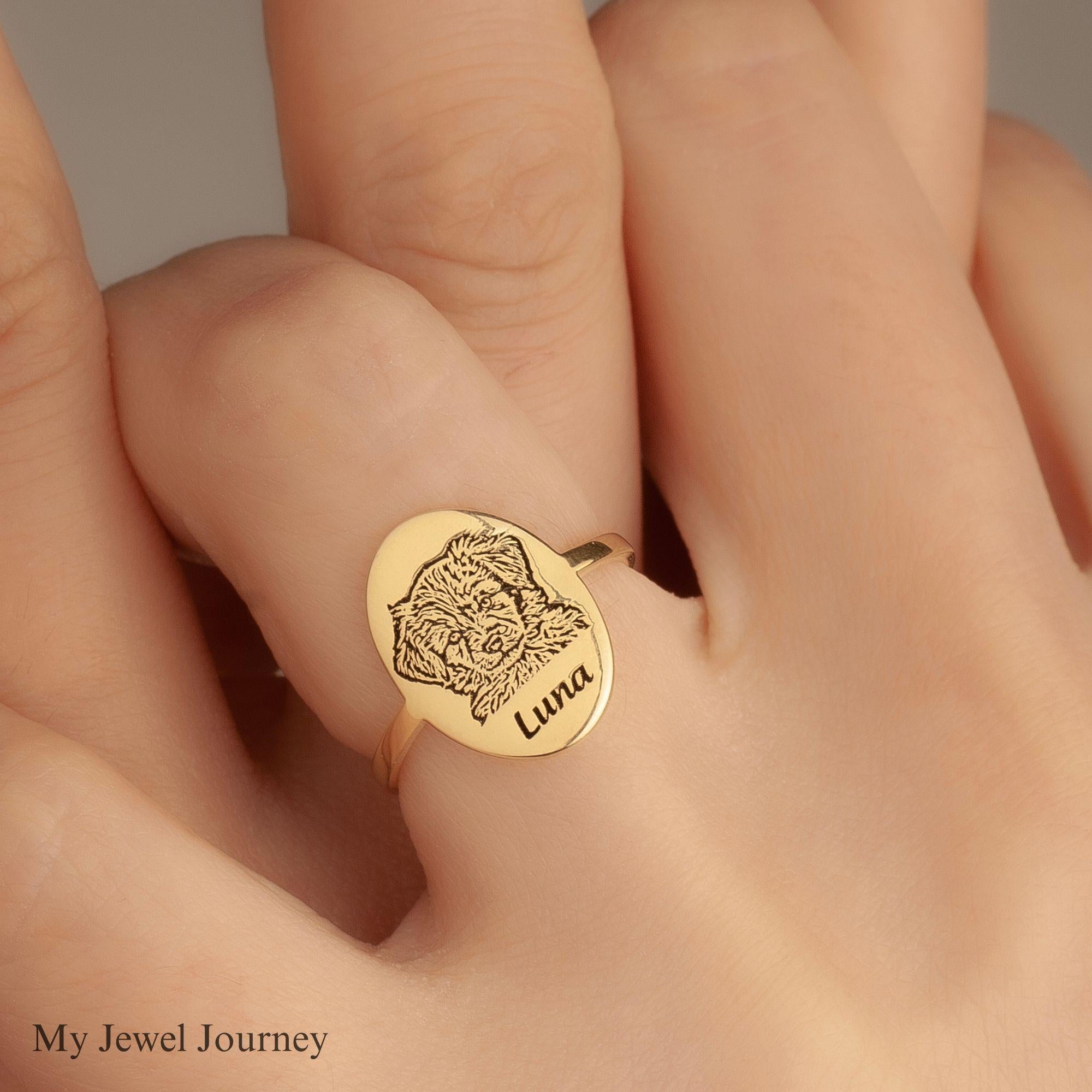 Custom 14K Gold Pet Portrait Ring, Dog Photo Ring, Cat Engraved Ring, Pet Photo Jewelry, Dog Memorial Jewelry, Gift For Dog Mom