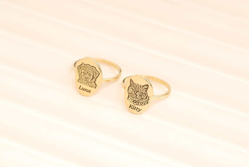 Custom 14K Gold Pet Portrait Ring, Dog Photo Ring, Cat Engraved Ring, Pet Photo Jewelry, Dog Memorial Jewelry, Gift For Dog Mom