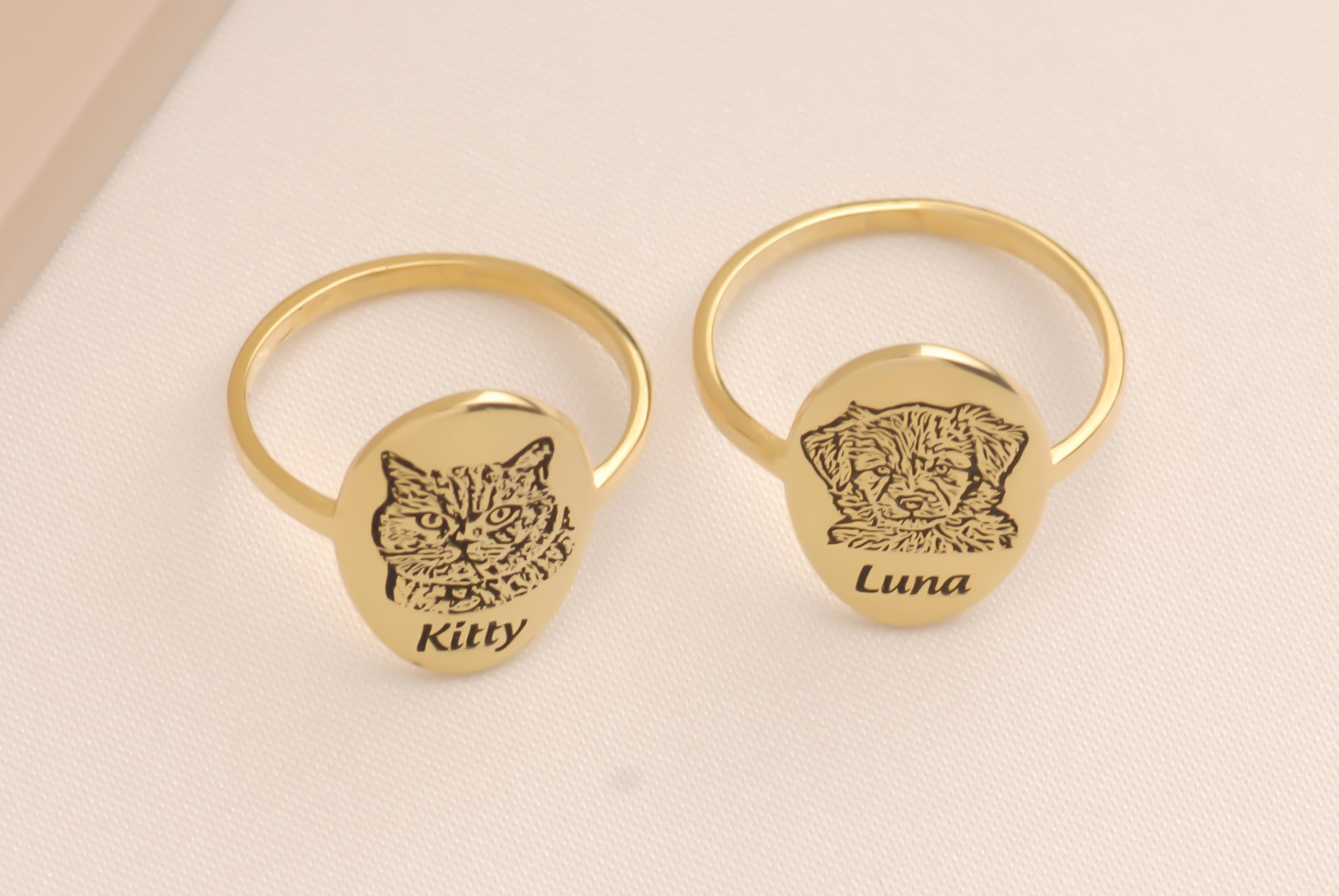 Custom 14K Gold Pet Portrait Ring, Dog Photo Ring, Cat Engraved Ring, Pet Photo Jewelry, Dog Memorial Jewelry, Gift For Dog Mom