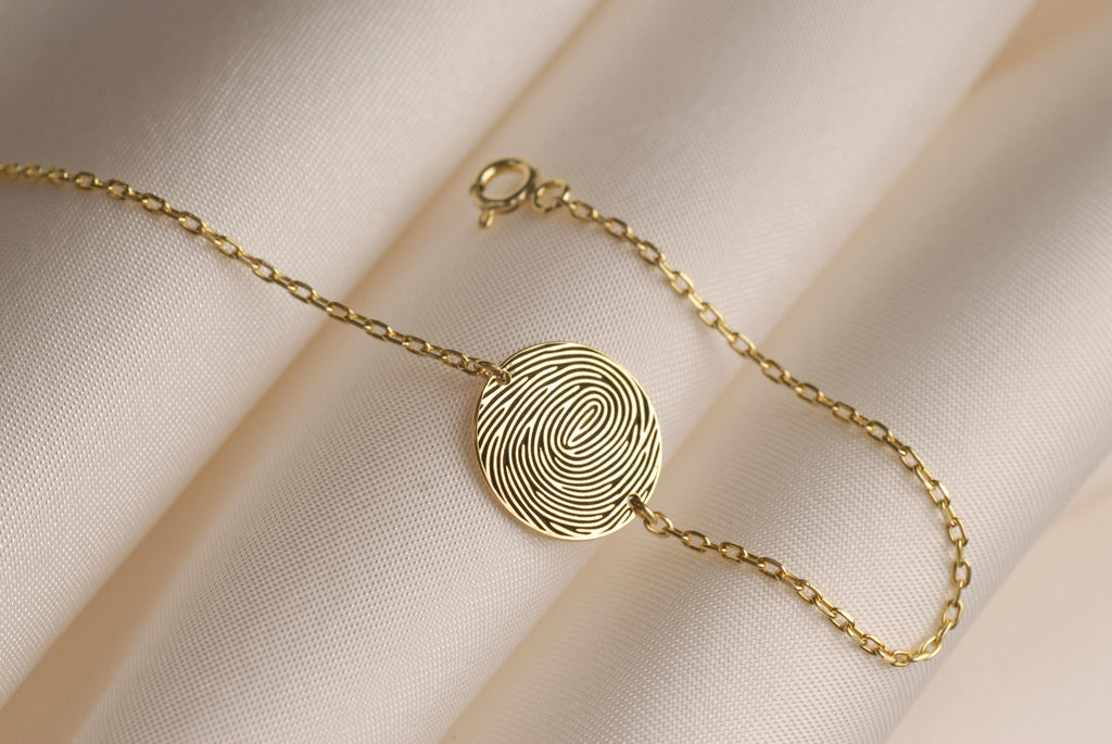 14K Gold Fingerprint Bracelet, Personalized Fingerprint Charm Bracelet, Dad Thumb Print Jewelry, Mom Memorial Jewelry, Remembrance Keepsake