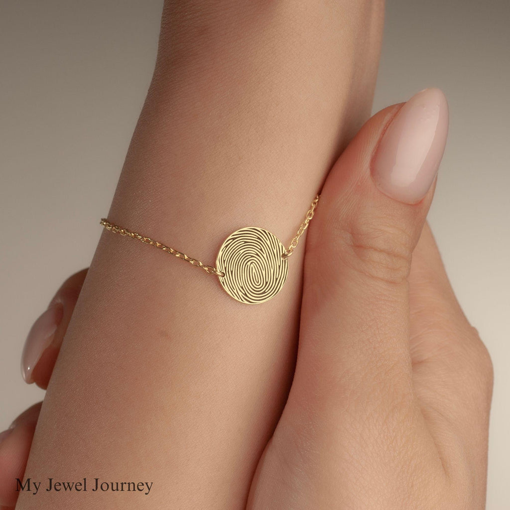 14K Gold Fingerprint Bracelet, Personalized Fingerprint Charm Bracelet, Dad Thumb Print Jewelry, Mom Memorial Jewelry, Remembrance Keepsake