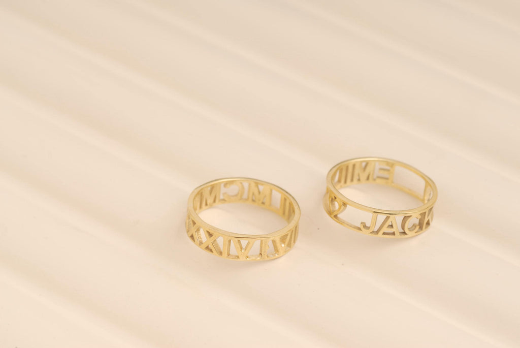 Custom 14K Gold Name Ring, Personalized Band Ring, Roman Numerals Ring, Gold Jewelry Gift Her, Personalized Christmas Gift, Gift For Mom
