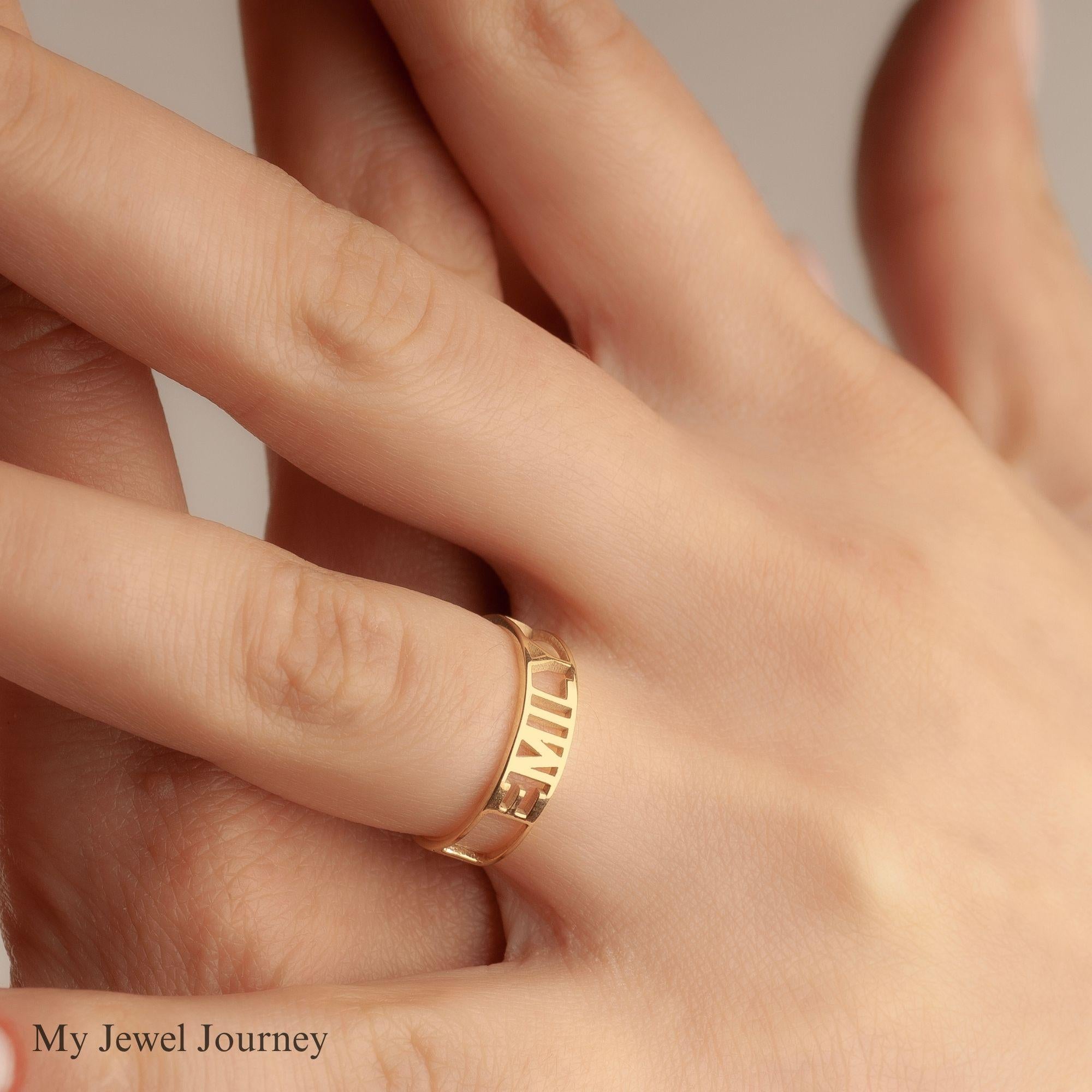 Custom 14K Gold Name Ring, Personalized Band Ring, Roman Numerals Ring, Gold Jewelry Gift Her, Personalized Christmas Gift, Gift For Mom