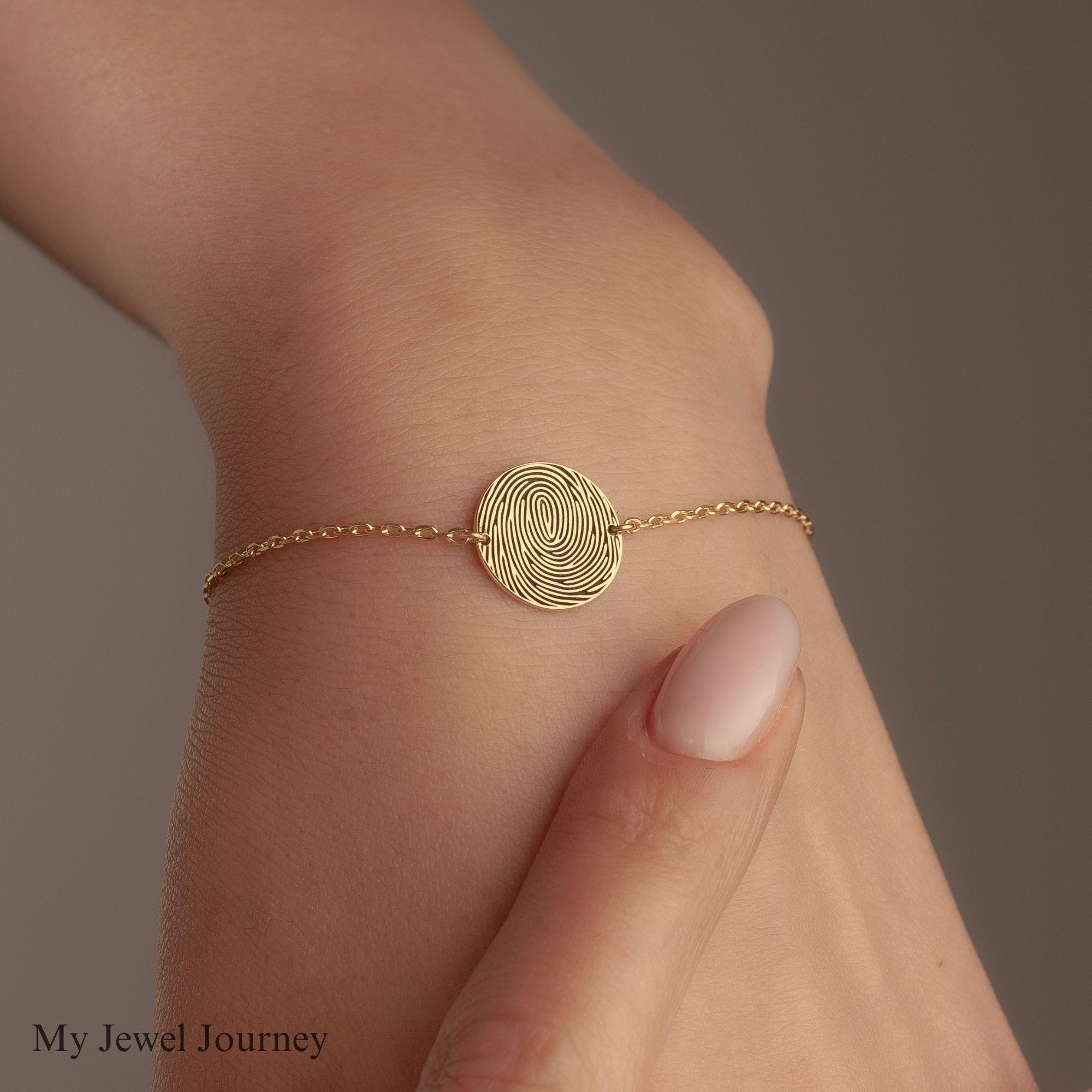 14K Gold Fingerprint Bracelet, Personalized Fingerprint Charm Bracelet, Dad Thumb Print Jewelry, Mom Memorial Jewelry, Remembrance Keepsake
