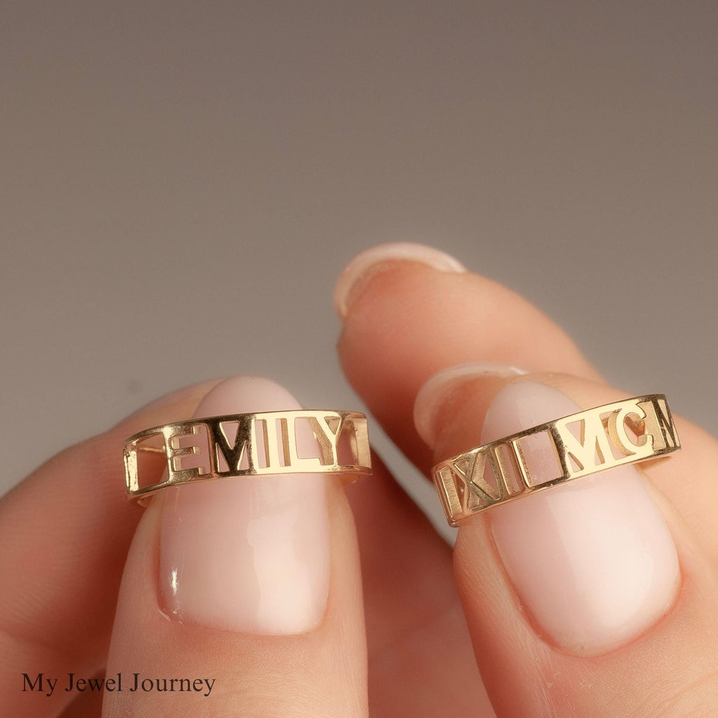 Custom 14K Gold Name Ring, Personalized Band Ring, Roman Numerals Ring, Gold Jewelry Gift Her, Personalized Christmas Gift, Gift For Mom
