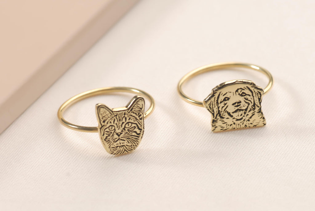 14K Gold Custom Pet Portrait Ring, Dog Photo Engraved Ring, Cat Photo Ring, Pet Jewelry, Engraved Dog Cat Memorial Jewelry,Mother’s Day Gift
