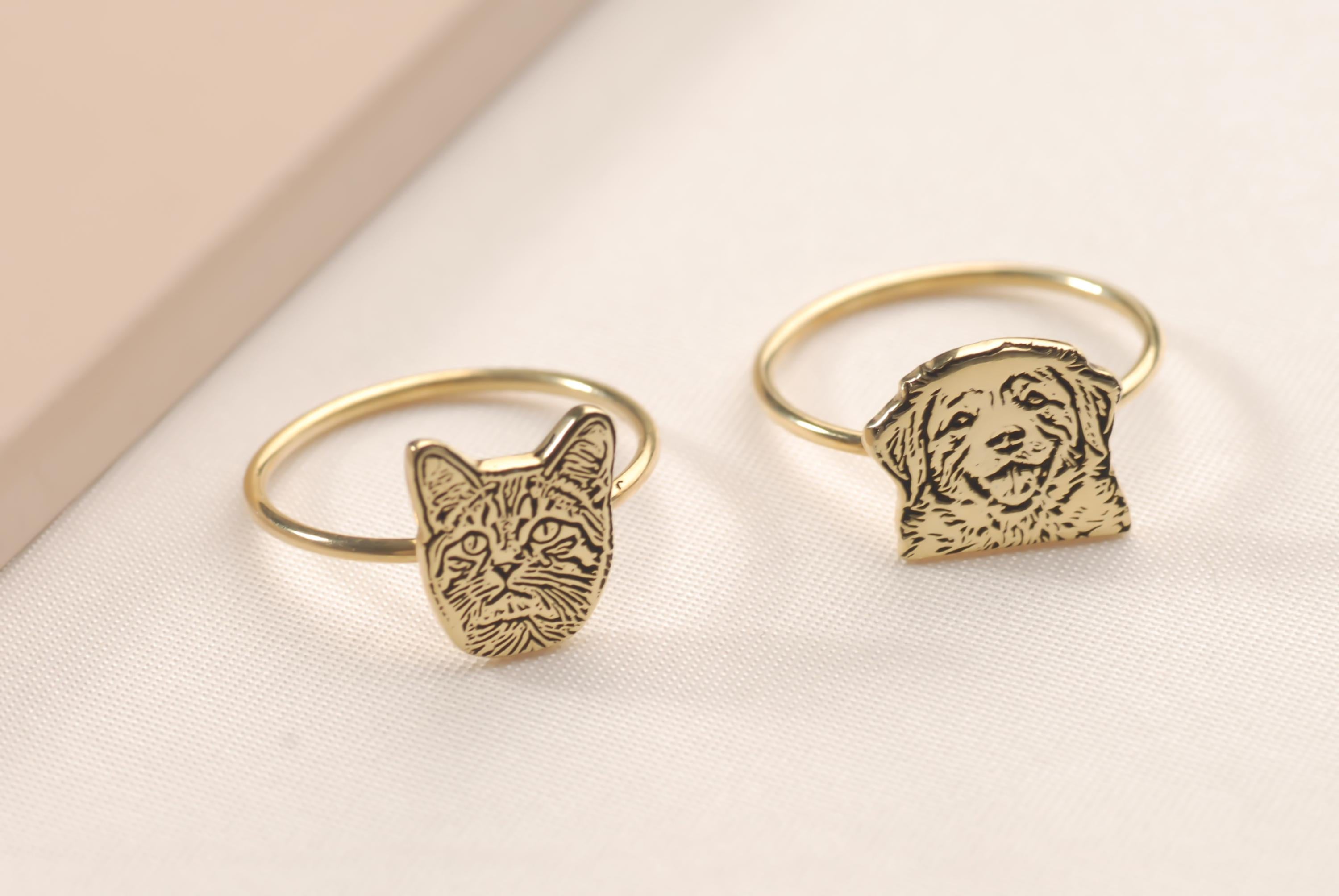 14K Gold Custom Pet Portrait Ring, Dog Photo Engraved Ring, Cat Photo Ring, Pet Jewelry, Engraved Dog Cat Memorial Jewelry,Mother’s Day Gift