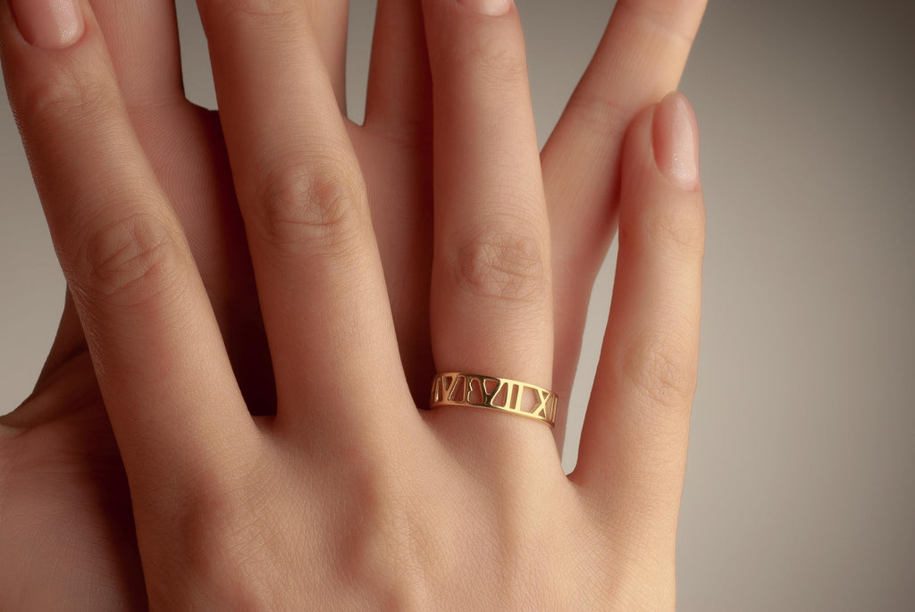 Custom 14K Gold Roman Numerals Ring, Anniversary Band Ring, Name Ring, Band Ring for Her, Custom Engraved Ring for Anniversary, Date Ring
