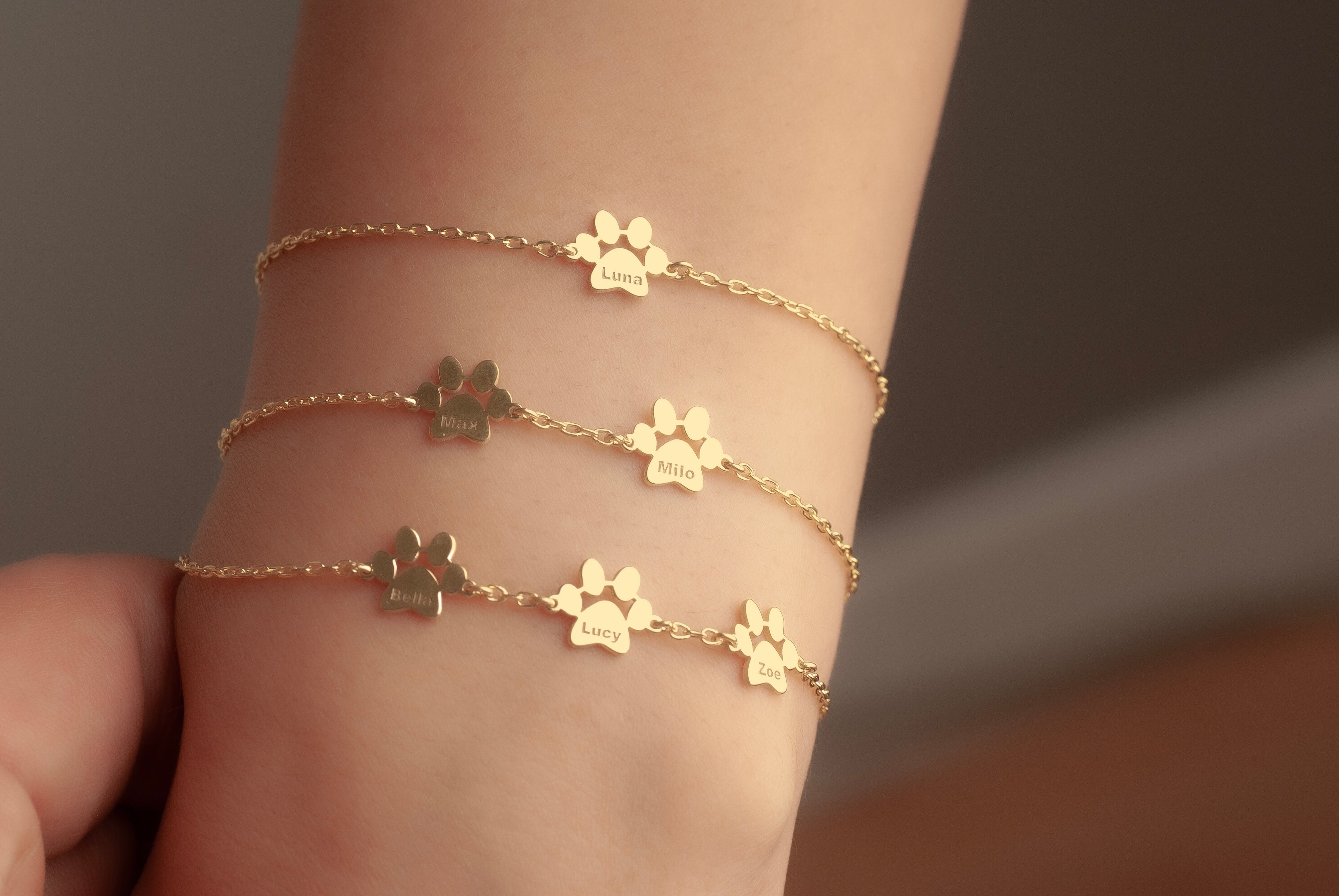 Personalized pet name bracelet with engraved paw charms
