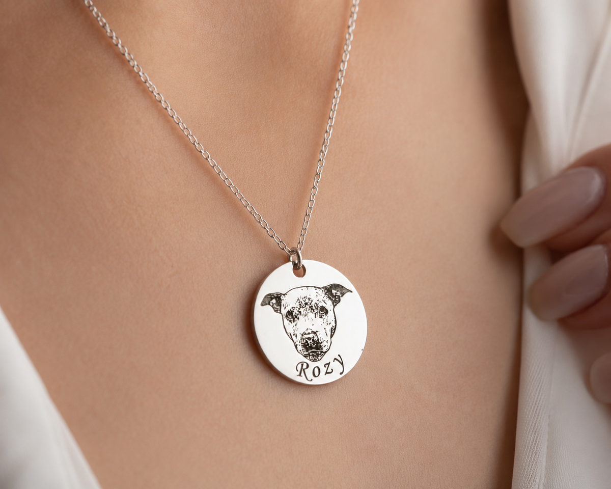 Custom pet photo necklace worn at the neckline