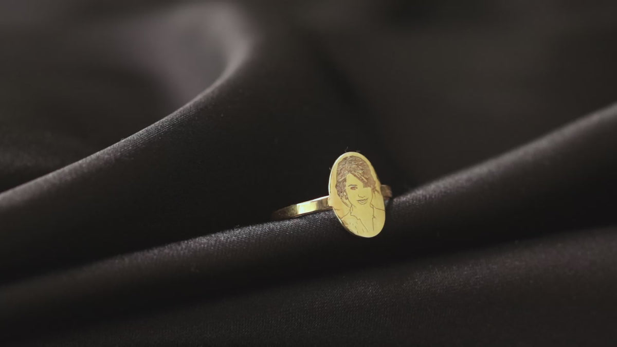 Personalized photo engraved ring worn on hand