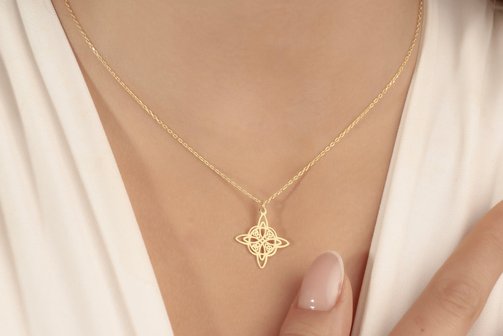 Actual size of the Celtic knot necklace worn at the neckline
