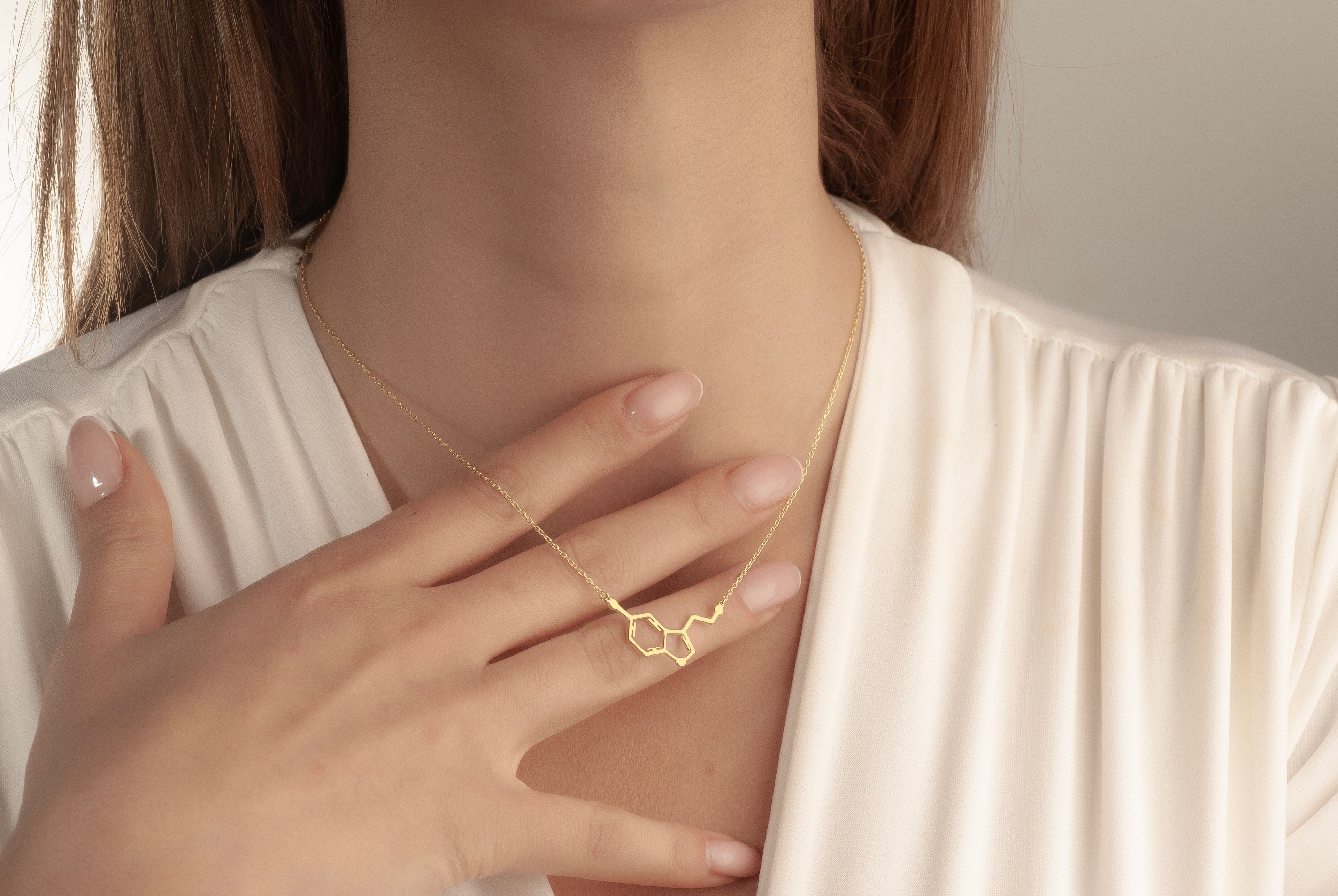 Serotonin molecule necklace crafted in solid 14K yellow gold