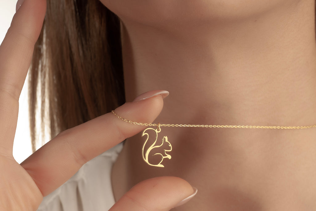 Dainty squirrel necklace in solid 14K yellow gold
